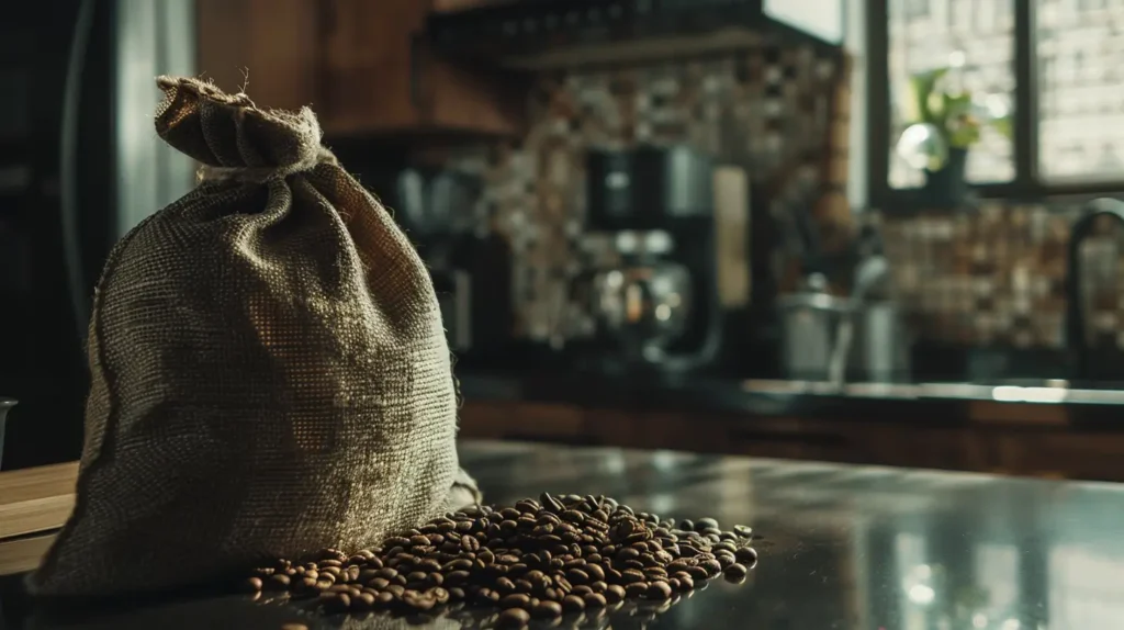 a bag of coffee beans placed on a kitchen counter being ready to make siphon coffee
